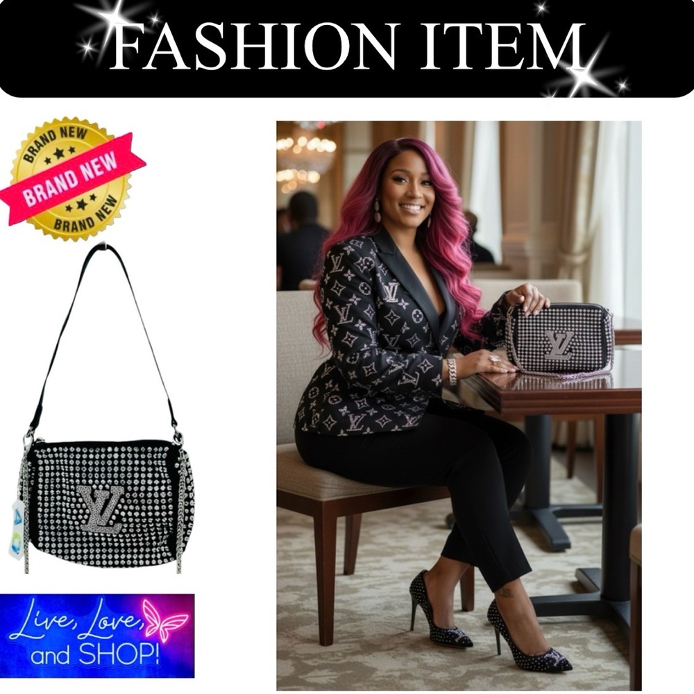 PURSE: Black Handbag w/Stubs & Monogram, PU Strap & Silver Crossbody Chain, NWT